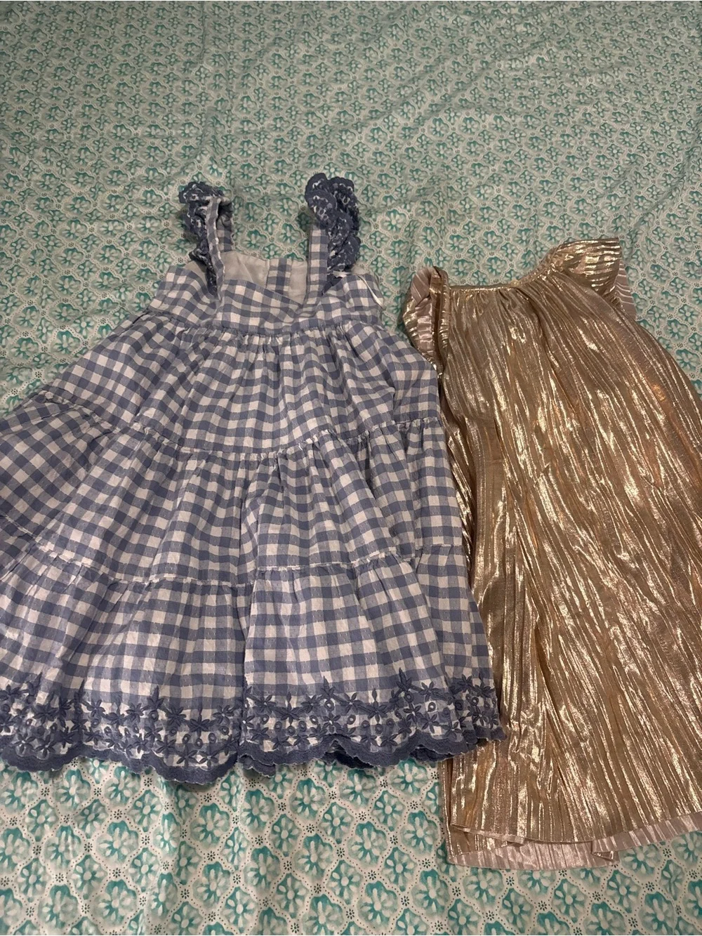 Shabby Chic Blue Gingham Dress & Gold Metallic Party Dress lot of 2 dresses
